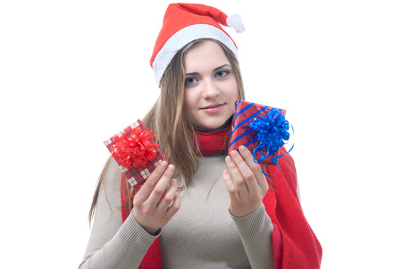 Portrait of smilling wooman with giftboxes isolated on white