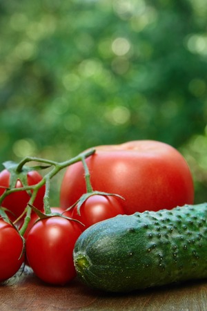 Composition of tomatoes and cucumber on the wooden tableの写真素材