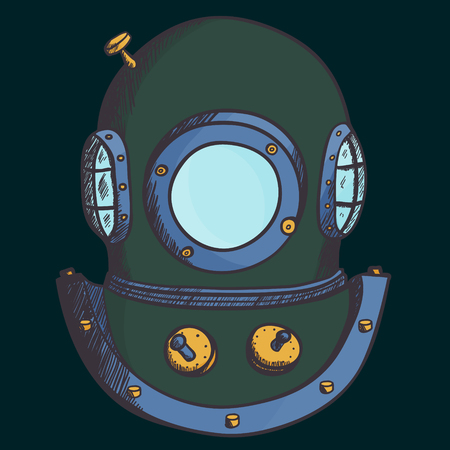 Hand drawn retro diver helmet. Colored sketchのイラスト素材