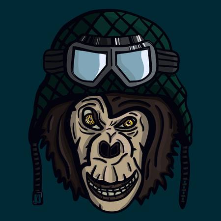 Angry monkey muzzle in military helmet with gogglesのイラスト素材