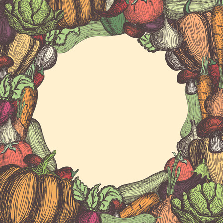 Hand drawn colored vegetables frame in sketch styleのイラスト素材