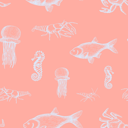 Hand drawn pattern made of fish, crab, seahorse, shrimp, lobster and jellyfish. Pattern in swatchesのイラスト素材