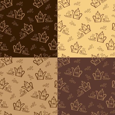 Seamless pattern with cup of coffee, coffee pot and coffee beans. illustration.のイラスト素材