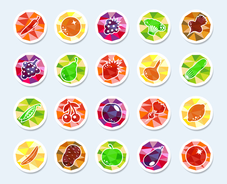 Set of icons with fruits and vegetables on the polygon background. illustration.のイラスト素材
