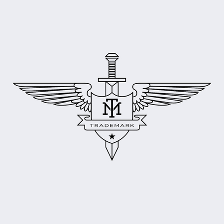 Template for logos, labels and emblems in outline style with wings, sword and shield. Vector illustration.のイラスト素材