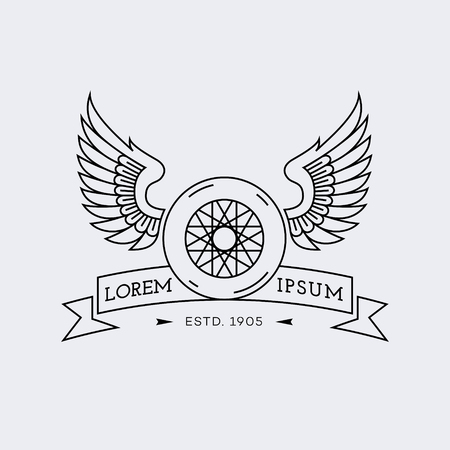Template for logos, labels and emblems in outline style with wheel, wings and ribbon. Vector illustration.のイラスト素材