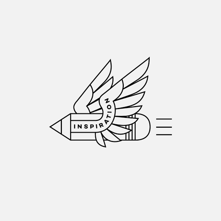 Template for logos, labels and emblems in outline style with pencil and wings. Black and white. Vector illustration.のイラスト素材