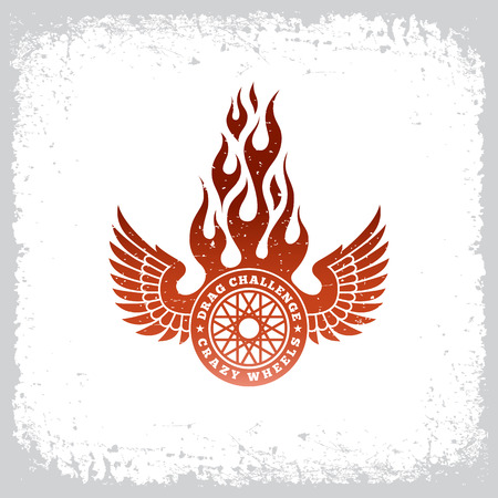 Vintage label with wheel, wings and flame on grunge background for t-shirt print, poster, emblem. Vector illustration.のイラスト素材
