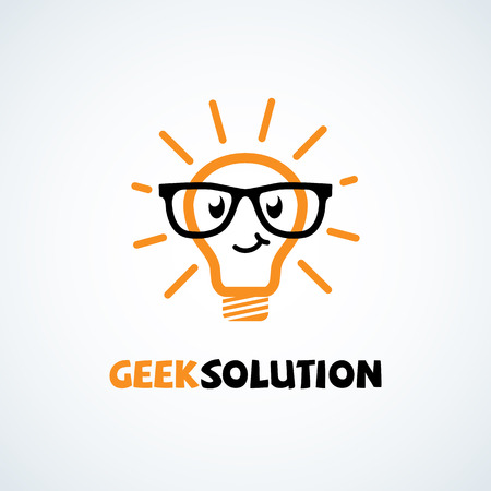 Geek logo design template with light bulb in glasses. Vector illustration.のイラスト素材