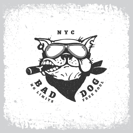 Vintage label with bulldog in goggles on grunge background for t-shirt print, poster, emblem. Vector illustration.のイラスト素材