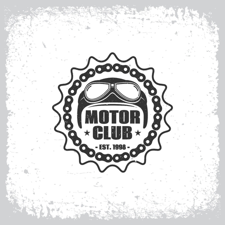 Vintage label with helmet, chain and cogwheel on grunge background for t-shirt print, poster, emblem. Vector illustration.のイラスト素材
