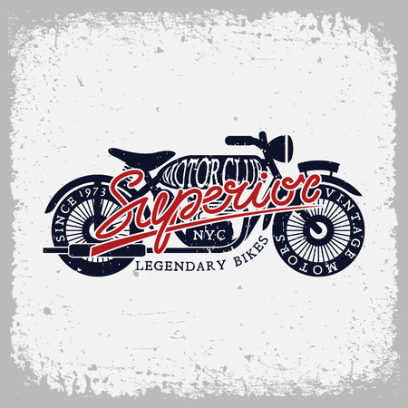 Vintage label with motorcycle and word 'Superior' on grunge background for t-shirt print, poster, emblem. Vector illustration.のイラスト素材