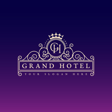 Flourishes luxury elegant ornament label template with crown in trendy linear style. Vector illustration.のイラスト素材