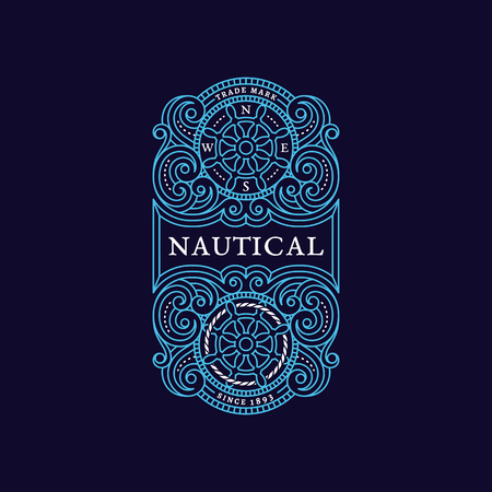 Flourishes luxury elegant ornament label template with steering wheels in trendy linear style. Vector illustration.のイラスト素材