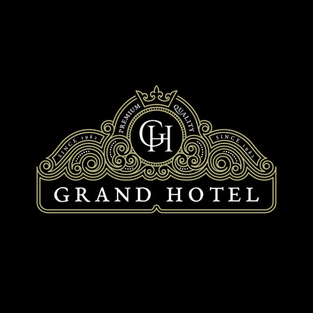 Vintage flourishes luxury elegant ornament label template with crown in trendy linear style. Vector illustration.のイラスト素材