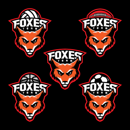 Five fox mascots for sport teams on a black background. Vector illustration.のイラスト素材