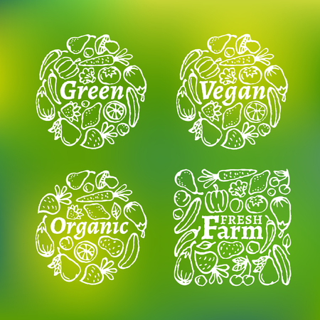 Four labels with fruit and vegetables on a mesh background. Vector illustration.のイラスト素材