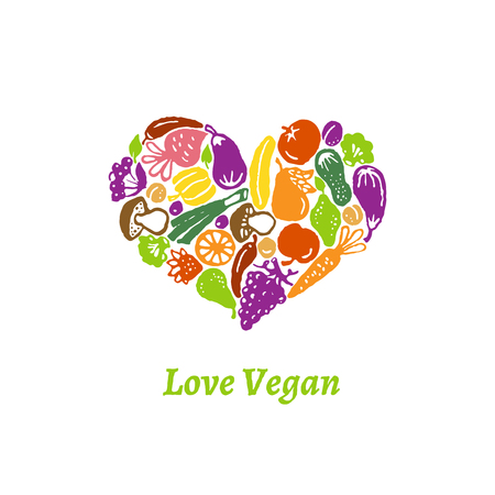 Label shaped heart with shapes of fruit and vegetables. Vector illustration.のイラスト素材