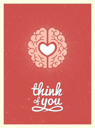 Card with a picture of the brain and heart in a retro style. Vector illustration.のイラスト素材