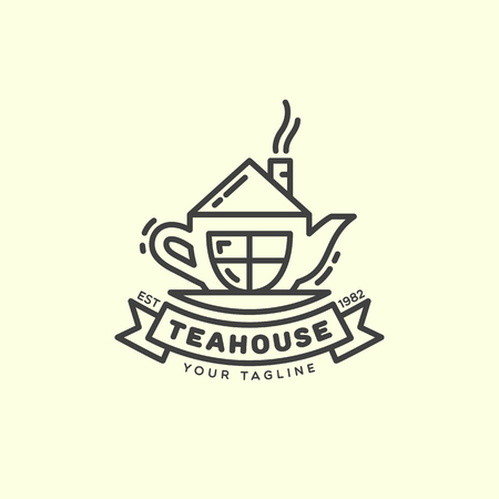 Tea house logo template design in outline style. Vector illustration.のイラスト素材