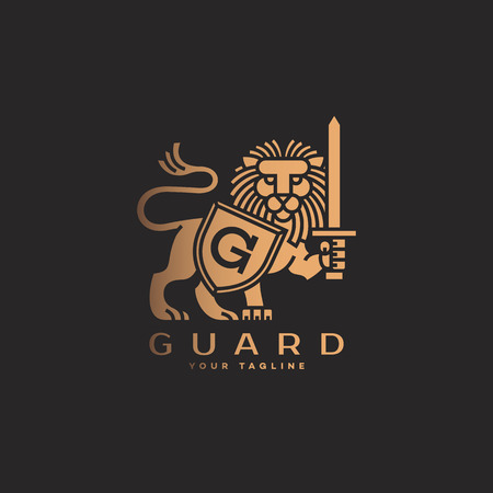 Golden lion with a shield and a sword  template design. Vector illustration.のイラスト素材