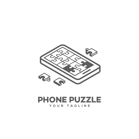Isometric puzzle phone logo design template in linear style. Vector illustration.のイラスト素材
