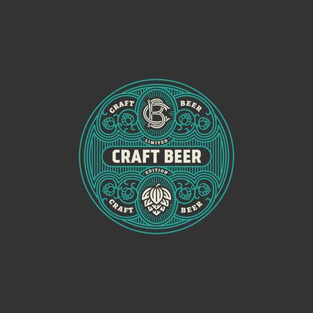 Flourishes round beer label design template with hops. Vector illustration.のイラスト素材