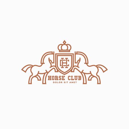 Horse club logo design template with two horses and a shield in outline style. Vector illustration.のイラスト素材
