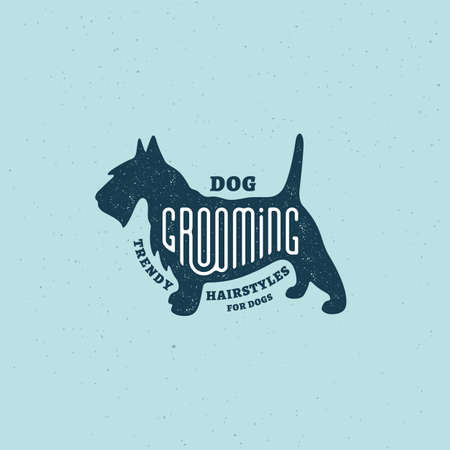 Lettering Grooming on scottish terrier silhouette with stamp effect for logo, label, badge, emblem design. Vector illustration.のイラスト素材