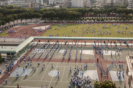 Guangdong school aerial view of student doing morning exerciseのeditorial素材