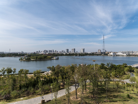 View of a park with a lakeの写真素材