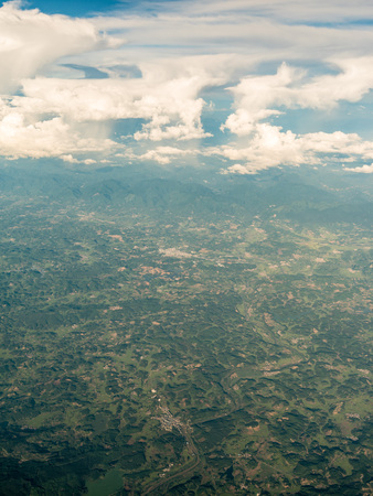 High angle view of mountain and buildingsの写真素材