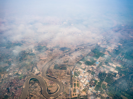 Aerial view of farmland and buildings