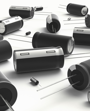3D realistic render of black group capacitors on white background with shadow.