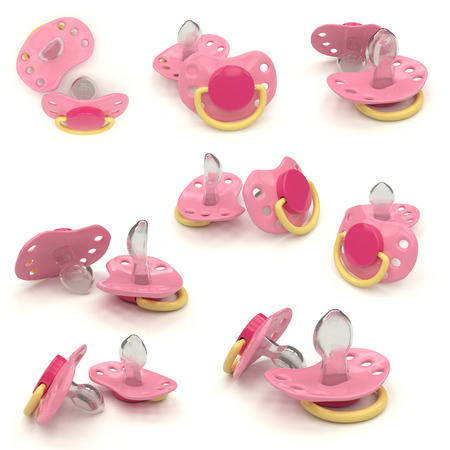 3d realistic render of pacifier for baby girl. Different views. Isolated on white background