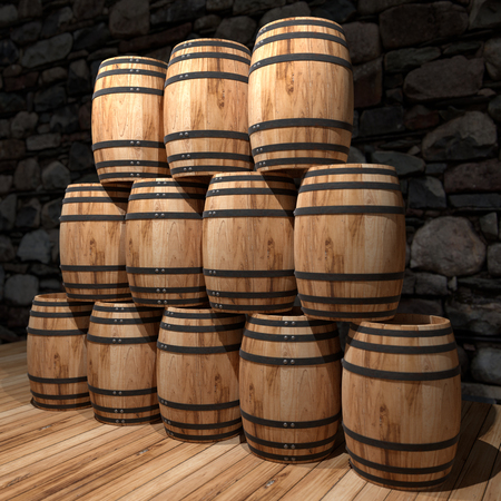 3d realistic render of wine barrels stacked in the old cellar of the winery.