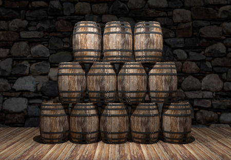 3d realistic render of wine barrels stacked in the old cellar of the winery.