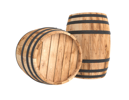 3d realistic render of two old light wooden barrel. White background. Shadows. Clipping pathの写真素材