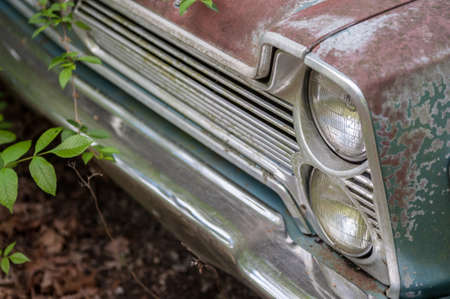 Detail of a rusty green car abandoned by the side of the roadの写真素材