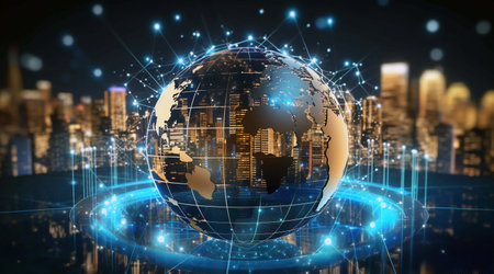 Global network connection over cityscape background 3D rendering toned image double exposure, AI Generate illustrations.の素材