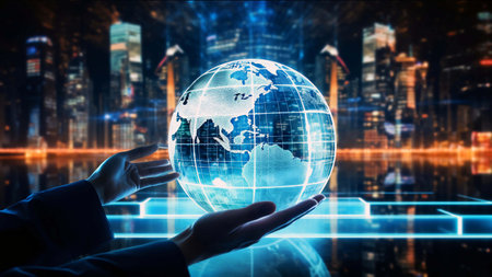 Close up of business woman hand holding Earth planet 3d rendering, AI Generate illustrations.の素材