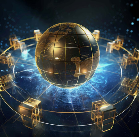 Global network connection concept with earth globe and boxes, 3D rendering, Generation AI illustartions.の素材