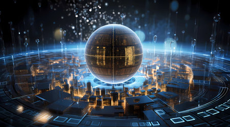 3D rendering of abstract digital globe with binary code on dark background, Generation AI illustrations.の素材
