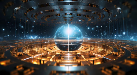 3d rendering of abstract technology concept with globe and glowing lights, Generation AI illustrations.の素材