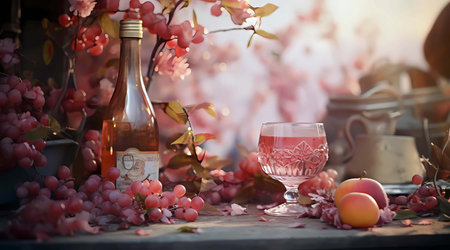 Romantic still life with glass of pink wine, flowers and apple, Generation AI illustrations.の素材