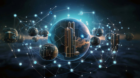 View of a Planet earth surrounded by network connection - 3d rendering, Generation AI illustrations.の素材