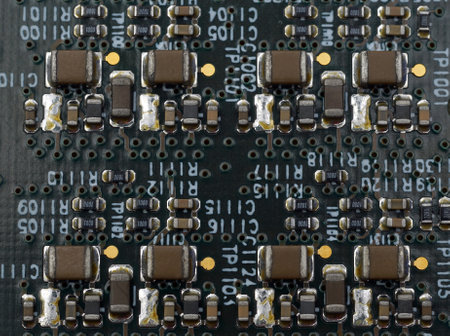Close up a film resistors and capacitor solder on a electronic board.の写真素材