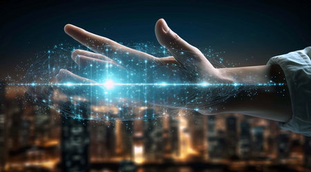 Businesswoman on blurred background using digital holographic projection 3D rendering, Generation AI illustrations.の写真素材