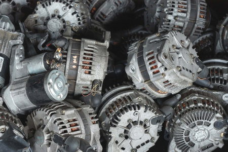 Stainless steel car alternator. Close up of engine.の写真素材