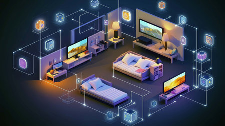3d isometric interior of bedroom with furniture, sofa, tv and other elements, Generation AI illustrations.の素材